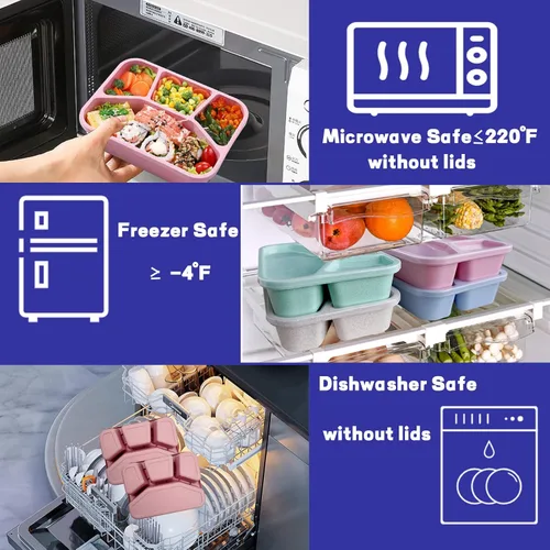 Vista 4 de Aellabus Paquete de 8 cajas Bento, recipientes para el almuerzo con paja de trigo, reutilizables, aptos para microondas y lavavajillas