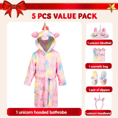Vista 2 de Albornoz de unicornio con capucha para los ojos, bolsa, pantuflas y diadema
