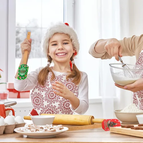 Vista 5 de Patelai Espátula de silicona de Navidad con mango de madera en forma de muñecos de nieve, espátula para pastel de Navidad, raspador de panqueques
