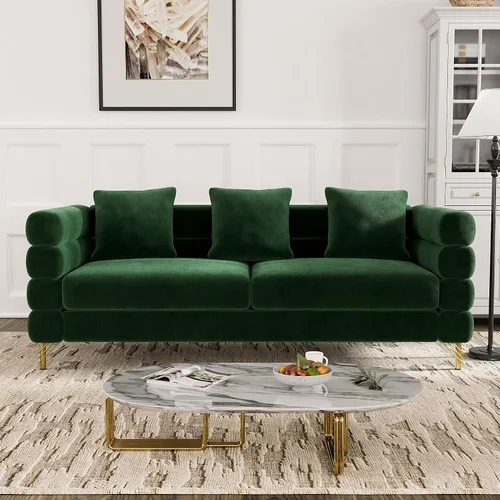 Vista 12 de OUYESSIR Sofá Cloud para sala de estar, cómodo sofá biplaza de terciopelo de 59 pulgadas con 2 almohadas y patas doradas, moderno asiento de dos