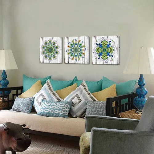 Vista 4 de Biuteawal Arte de pared de mandala para decoración de dormitorio, diseño retro de flores de pavo real, lienzo, cuadros verdes, bohemio, floral