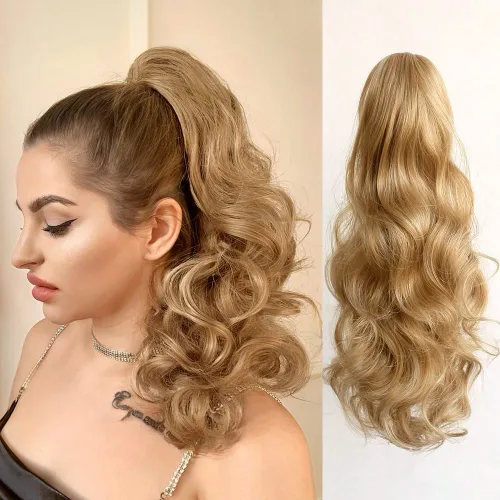 Vista 29 de Extensión de cola de caballo de garra negra natural ondulada de 16 pulgadas, extensiones de cabello sintético rizado con clip, extensiones