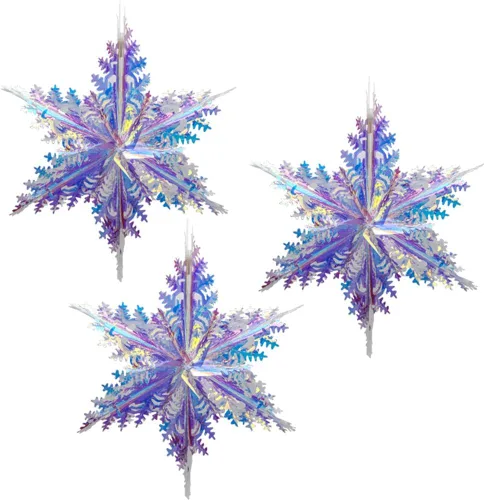 Vista 4 de Paquete de 3 adornos holográficos colgantes de estrella de 6 puntos, adorno decorativo de techo de lámina blanca iridiscente brillante para decorar