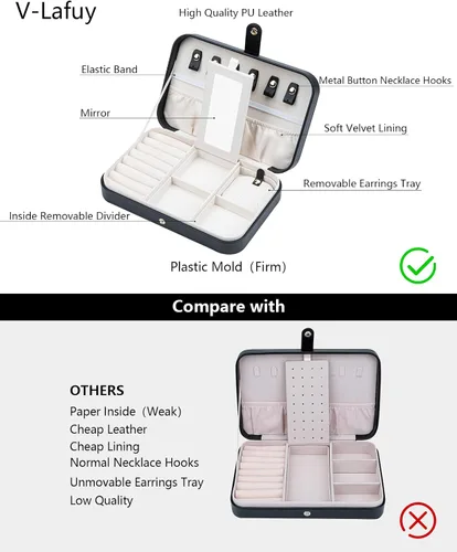 Vista 3 de V-LAFUY Joyero pequeño joyero de viaje cajas de joyería portátiles para mujer organizador de viaje de joyería de 2 capas regalo para mujeres y niñas