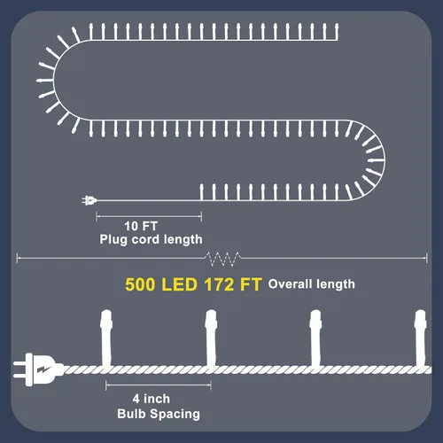 Vista 6 de RPGT Tira de luces de Navidad con 500 luces LED de 172 pies, cable verde, cadena de luces parpadeantes para exteriores, enchufable, 12 modos