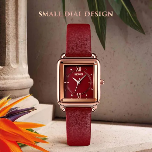 Vista 2 de SKMEI Reloj de mujer, elegante reloj de pulsera rectangular de cuero para damas, reloj analógico de cuarzo impermeable para mujer, Rojo-d