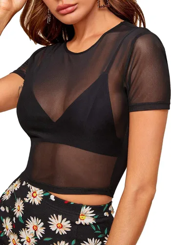 Vista 4 de SheIn Camisetas de manga corta para mujer, sexy, de malla transparente