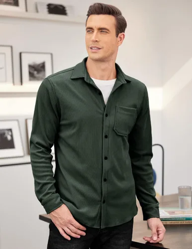 Vista 3 de COOFANDY Camisa de pana para hombre, estilo chaqueta ligera, de manga larga, con botones