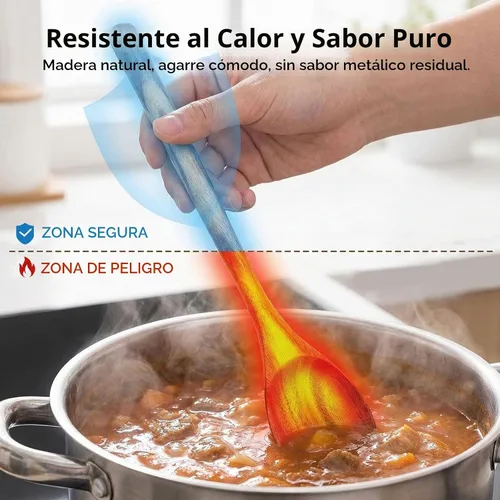Vista 5 de HANSGO cucharas de madera para cocinar, 2 piezas de utensilio de cocina de madera de acacia, cucharas de servir de madera de 12 pulgadas