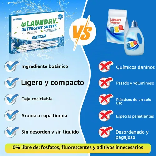 Vista 3 de FIXSMITH Hojas de detergente para ropa – 60 cargas (30 hojas) aroma de lino fresco – hipoalergénicas, ecológicas, hojas de jabón de lavandería ultra