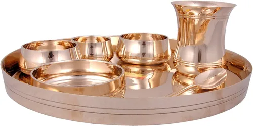 Vista 7 de Shiv Shakti Arts® Bronce Juego de vajilla Kansa Thali - 7 piezas, dorado - (Pure Kansa - Juego de cena de lujo premium)