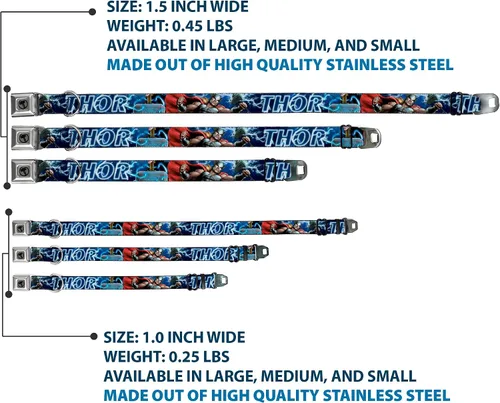 Vista 3 de Collar de perro hebilla para cinturón de seguridad Avengers Thor Hammer Action Pose Galaxy Blues Blanco 9 a 15 pulgadas 1.0 pulgadas de ancho