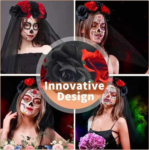 Vista 4 de Diadema del Día de los Muertos con velo para novia, rosa, corona floral, guirnalda de Halloween, disfraz de fantasma, carnaval, fiesta