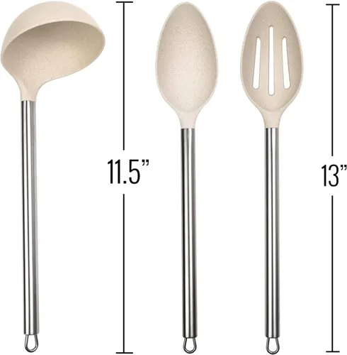 Vista 2 de Beille Juego de 3 cucharas de paja de trigo y cucharón de cocina para hornear, color crema
