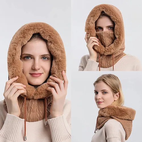 Vista 7 de Gorro de forro polar holgado de una pieza para mujer, bufanda con capucha, pasamontañas, cálido invierno, resistente al viento, con cordón