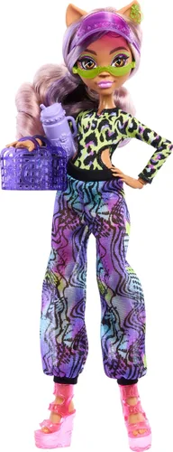 Vista 5 de Muñeca Monster High Scare-adise Island Clawdeen Wolf con traje de baño, pantalones deportivos y accesorios de playa como visera, botella de agua