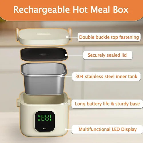 Vista 6 de Lonchera eléctrica para adultos mujeres, fiambrera eléctrica sin cable para hombres, calentador de alimentos portátil recargable con contenedor
