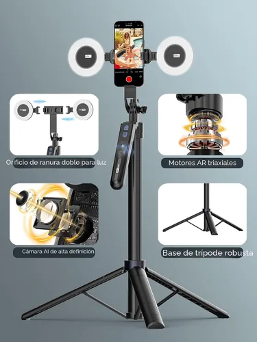 Vista 7 de USKEYVISION Trípode de seguimiento facial automático con rotación de 360°, trípode de teléfono para iPhone con luz de relleno, palo selfie