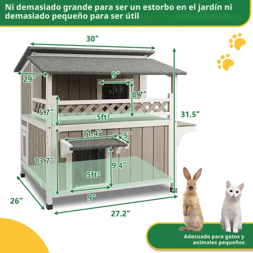 Vista 6 de Casa para gatos resistente a la intemperie con balcón grande, refugio