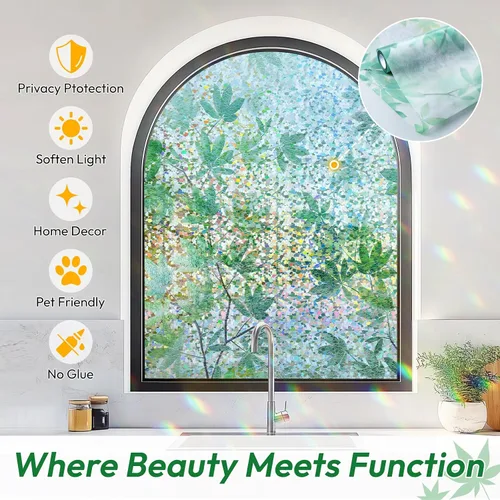 Vista 23 de rabbitgoo - Película de privacidad para ventanas con diseño de arco iris y vidrio manchado, patrón de diamante, calcomanía no adhesiva con tinte
