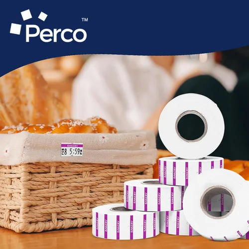 Vista 6 de Perco 1 línea de impresión inversa morada en etiquetas blancas de panadería, 8,000 etiquetas para pistolas Perco Lite, X, Plus y Pro, con diseño a