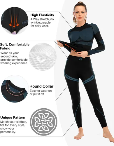 Vista 3 de MEETWEE Conjunto de ropa interior térmica para mujer, capa base de invierno, pantalones largos, cálidos, parte superior e inferior para esquiar