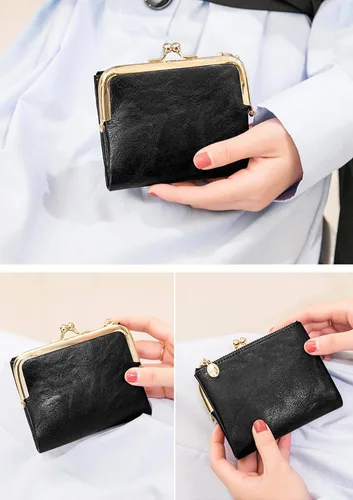 Vista 3 de PofeeXIO Billetera para mujer con RFID, pequeña, compacta, de piel, vintage, con cremallera y cierre de beso