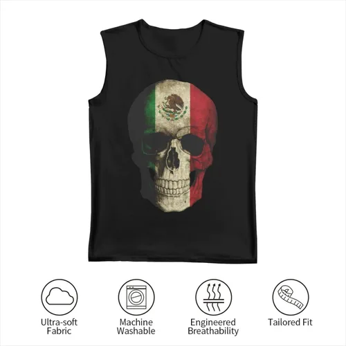 Vista 7 de Camiseta sin mangas con diseño de calavera mexicana con bandera mexicana para hombre, camiseta sin mangas para gimnasio, culturismo