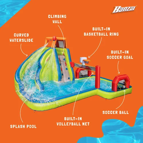Vista 2 de BANZAI Parque acuático inflable con tobogán y piscina 180 x 156 x 96 pulgadas, vinilo Dura-Tech, pared de escalada, aro de baloncesto y porterías