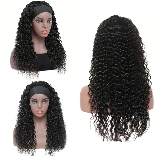Vista 9 de Peluca de cabello humano con diadema de ondas profundas, sin pegamento, pelucas de cabello rizado sin encaje frontal, pelucas de cabello humano