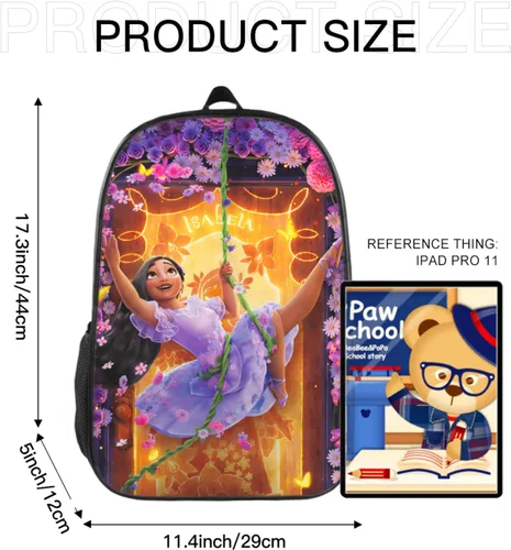 Vista 2 de Linda mochila de anime impresa en 3D de dibujos animados Mirabel, mochilas grandes, unisex, bolsa de viaje deportiva, regalos de 17 pulgadas