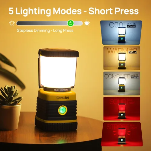 Vista 3 de Consciot C02 - Linterna LED para campamento, luces de campamento recargables USB-C, 1500 lm, 5 modos de luz, hasta 100 horas de tiempo