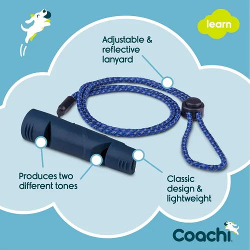 Vista 3 de Coachi Silbato de dos tonos, entrena a dos perros, entrena diferentes comandos, material resistente, cordón reflectante ajustable, tradicional