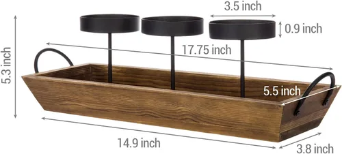 Vista 6 de MyGift Soporte para velas de metal negro de 3 pilares con bandeja de madera rústica y asas, pieza central para mesa/chimenea