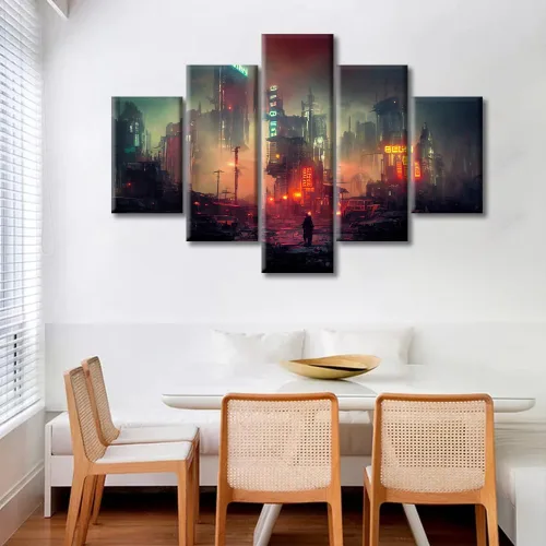Vista 298 de Cuadros de 5 paneles de Cyberpunk City, arte de pared, representación de vallas publicitarias, edificios modernos en la capital con obras de arte