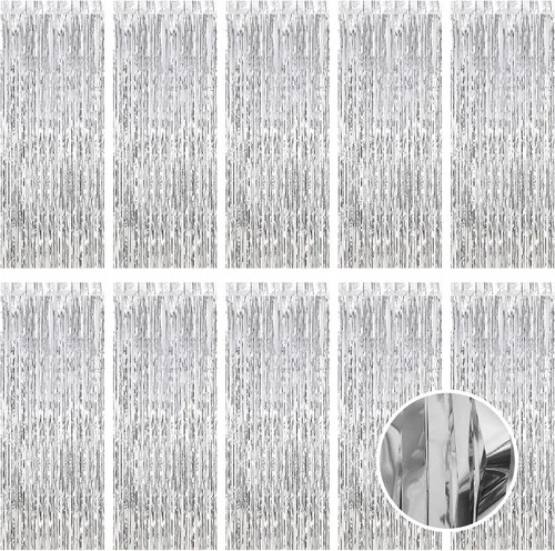 Vista 32 de Paquete de 5 cortinas de papel de aluminio negro de 3.2 x 9.8 pies, cortinas de oropel metálico con flecos, telón de fondo para cabina de fotos