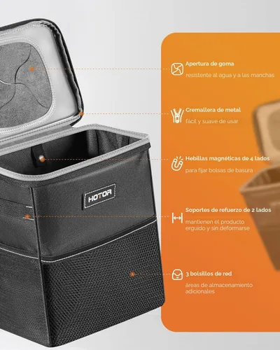 Vista 3 de HOTOR - Organizador de auto con tapa y bolsillos de almacenamiento, 100 % a prueba de fugas, resistente al agua, cubo de basura para autos Negro