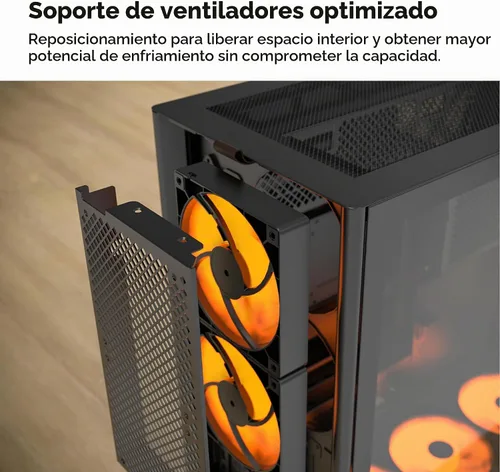 Vista 9 de Caja de PC Montech Serie HS ATX de torre media, PC para juegos, alto flujo de aire, diseño reversible, panel frontal curvo robusto de vidrio