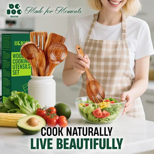 Vista 7 de Bkiok Cucharas de madera para cocinar, juego de utensilios de cocina de madera de teca natural para sartenes antiadherentes, espátula de madera
