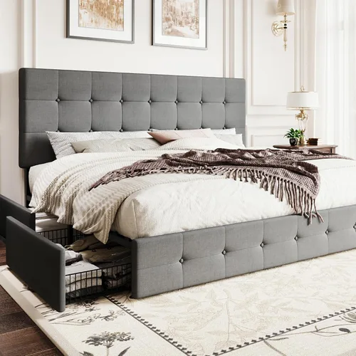 Vista 13 de SHA CERLIN Base de cama de plataforma tamaño matrimonial tapizada con 4 cajones de almacenamiento, cabecero ajustable con diseño cosido en cuadrados