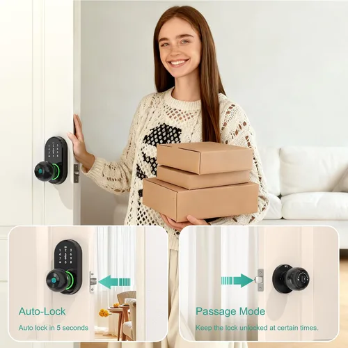 Vista 6 de Cerradura inteligente para puerta de entrada sin llave con perilla, cerradura de puerta con teclado y huella dactilar con mango, código electrónico