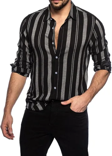 Vista 4 de Camisas con botones para hombre, estilo retro, a rayas, con bloques de color, estilo guayabera, estilo cubano, elástica, delgada, de manga larga