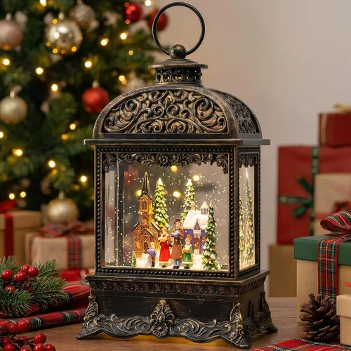 Vista 15 de Linterna de globo de nieve de Navidad con agua con escena de jengibre, funciona con batería o USB, luz musical iluminada, decoración festiva
