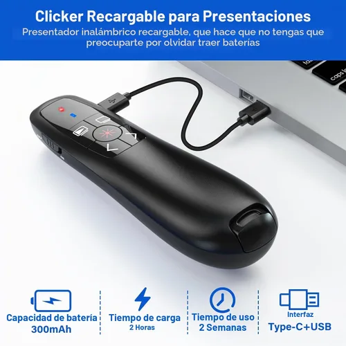 Vista 8 de Clicker de presentación USB tipo C 2 en 1, Clicker para presentación de PowerPoint Control remoto inalámbrico recargable, RF 2.4GHz USB PowerPoint