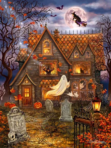 Vista 10 de Springbok 's Grandma's Halloween Party - Rompecabezas de 1000 piezas para Adutls Featues una escena de Halloween caprichosa para rompecabezas