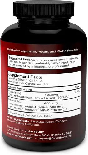 Vista 2 de Divine Bounty Vitamina K2 (MK7 y MK4) con suplemento D3 – Vitamina K y D como MK-7 100mcg, MK-4 500mcg y 5000 UI de vitamina D3 3 en 1 fórmula