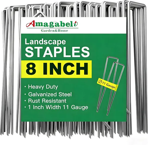 Vista 9 de AMAGABELI GARDEN & HOME Paquete de 50 grapas galvanizadas de 4 pulgadas para jardín, estacas de jardín de calibre 12, estacas de cubierta