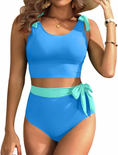 Vista 9 de Trajes de baño de dos piezas de cintura alta - Bikini con control de abdomen para mujer, traje de baño modesto 2 piezas 2025 Hot Red
