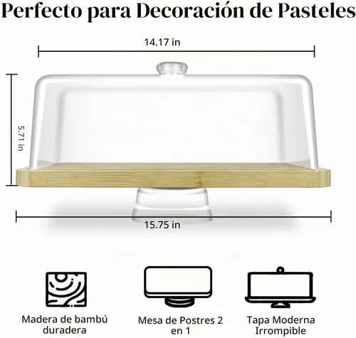 Vista 2 de Cutesun Soporte para pastel de bambú y madera con tapa - Soporte rectangular para pastel, juego de exhibición de 2 en 1 para mesa de postre y tabla