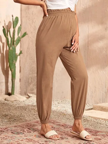 Vista 3 de OYOANGLE Pantalones de maternidad para mujer, de cintura alta, color liso, para trabajo, zanahoria, para embarazo, pantalones deportivos